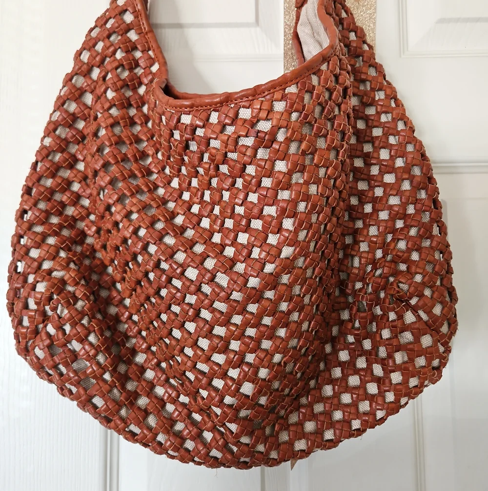 Marta Ponti Woven Leather Hobo Bag Brown & Cream
